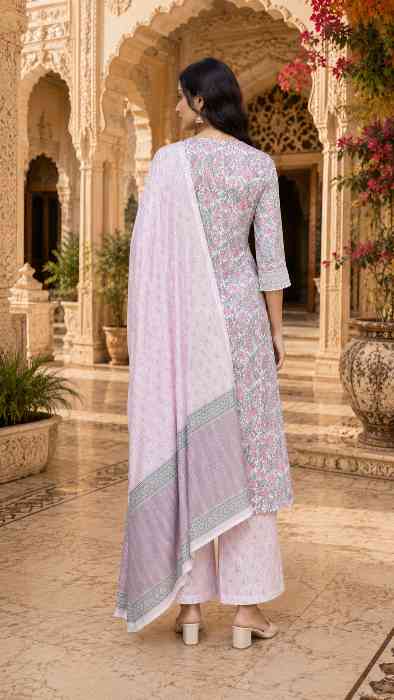 Women's Cotton Block Printed Floral Straight Kurta Set Back